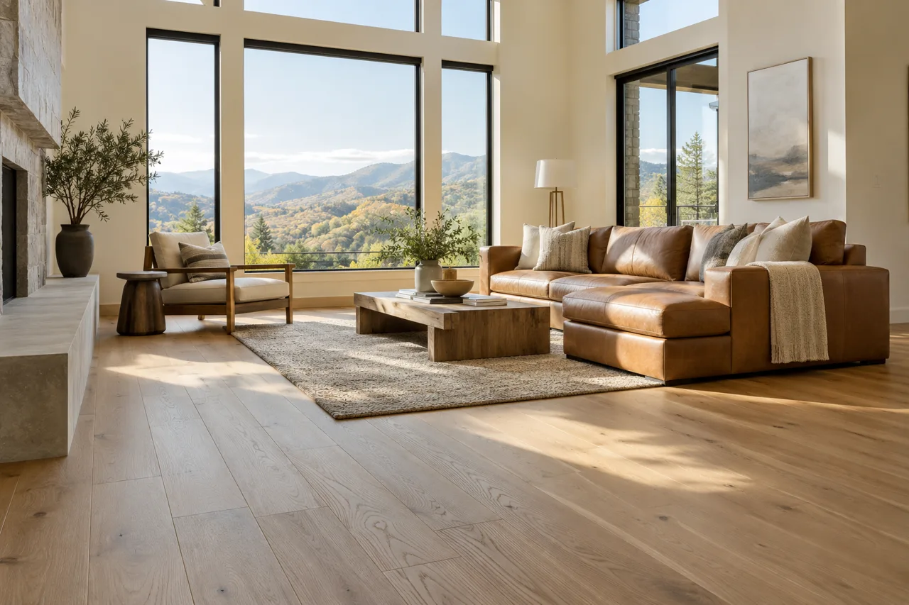 Illustrative contemporary living room with a natural oak floor and soft daylight