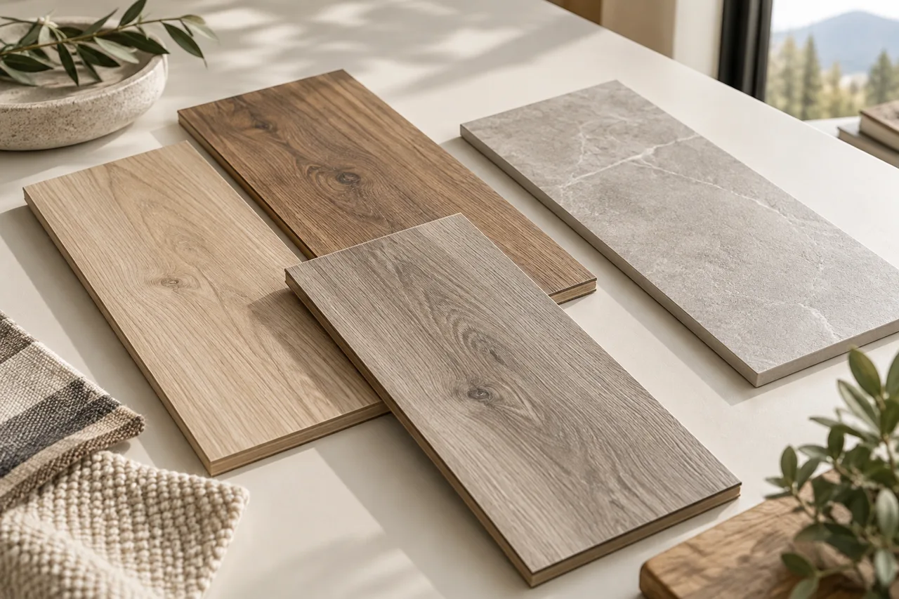 Illustrative floor samples in wood and stone-look finishes